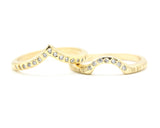 Set of 2 14k gold with line texture ring and tiny 7 diamond set with 14k gold hammer texture band ring and tiny 15 diamond on the center