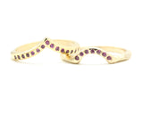 Set of 2 14k gold with geometric ring and tiny 7 ruby set with 14k gold with wood texture band ring with tiny 15 ruby on the center