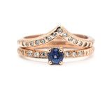 Set of 2 Round faceted blue sapphire ring with tiny diamonds on 14k Rose gold band set with 14k rose gold ring with 15 diamond on the center