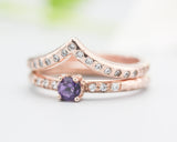 Set of 2 Round faceted Amethyst ring with tiny diamonds on 14k Rose gold band set with 14k rose gold ring with 15 diamond on the center