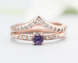 Set of 2 Round faceted Amethyst ring with tiny diamonds on 14k Rose gold band set with 14k rose gold ring with 15 diamond on the center