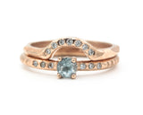 Set of 2 Round faceted blue topaz ring with tiny diamonds on 14k Rose gold band set with 14k rose gold ring with 7 diamond on the center