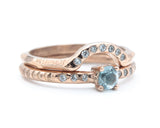 Set of 2 Round faceted blue topaz ring with tiny diamonds on 14k Rose gold band set with 14k rose gold ring with 7 diamond on the center