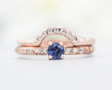 Set of 2 Round faceted blue sapphire ring with tiny diamonds on 14k Rose gold band set with 14k rose gold ring with 7 diamond on the center