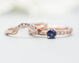 Set of 2 Round faceted blue sapphire ring with tiny diamonds on 14k Rose gold band set with 14k rose gold ring with 7 diamond on the center