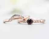 Set of 2 Round faceted garnet ring with tiny diamonds on 14k Rose gold band set with 14k rose gold ring with 7 diamond on the center