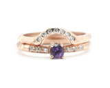 Set of 2 Round faceted Amethyst ring with tiny diamonds on 14k Rose gold band set with 14k rose gold ring with 7 diamond on the center