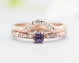 Set of 2 Round faceted Amethyst ring with tiny diamonds on 14k Rose gold band set with 14k rose gold ring with 7 diamond on the center