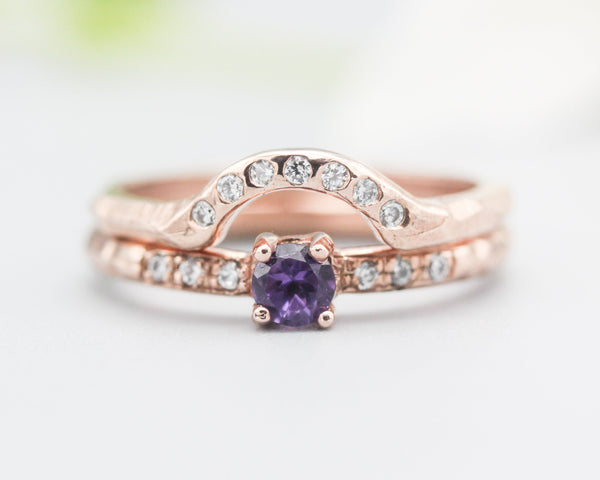 Set of 2 Round faceted Amethyst ring with tiny diamonds on 14k Rose gold band set with 14k rose gold ring with 7 diamond on the center