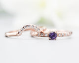 Set of 2 Round faceted Amethyst ring with tiny diamonds on 14k Rose gold band set with 14k rose gold ring with 7 diamond on the center