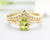 Set of 2 Oval Peridot ring and diamond side set in prongs setting with 14k gold band set with 14k gold band ring and tiny 15 diamond