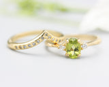 Set of 2 Oval Peridot ring and diamond side set in prongs setting with 14k gold band set with 14k gold band ring and tiny 15 diamond