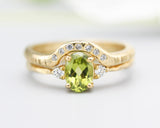 Set of 2 Oval faceted peridot ring with tiny round diamonds side set with 14k gold band ring with tiny 7 diamond on the center