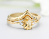 Set of 2 Oval faceted citrine ring with tiny round diamonds side set with 14k gold band set with 14k gold band ring with tiny 3 diamond
