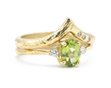 Set of 2 Oval faceted peridot ring with tiny round diamonds side set with 14k gold band set with 14k gold band ring with tiny 3 diamond