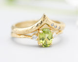 Set of 2 Oval faceted peridot ring with tiny round diamonds side set with 14k gold band set with 14k gold band ring with tiny 3 diamond
