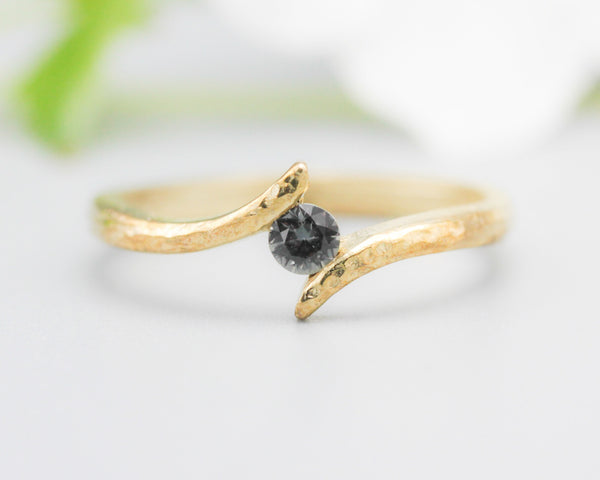 Bypass style ring 14k gold with round multi grey sapphire at the center, gold ring, gold, sapphire, multi grey sapphire ring, 14k gold