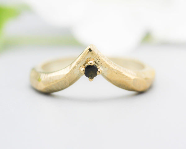 Black spinel ring 14k gold crown design with geometric texture thick band