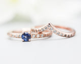 Set of 2 Round faceted blue sapphire ring with tiny diamonds on 14k Rose gold band set with 14k rose gold ring with 15 diamond on the center