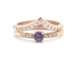 Set of 2 Round faceted Amethyst ring with tiny diamonds on 14k Rose gold band set with 14k rose gold ring with 15 diamond on the center