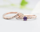 Set of 2 Round faceted Amethyst ring with tiny diamonds on 14k Rose gold band set with 14k rose gold ring with 15 diamond on the center