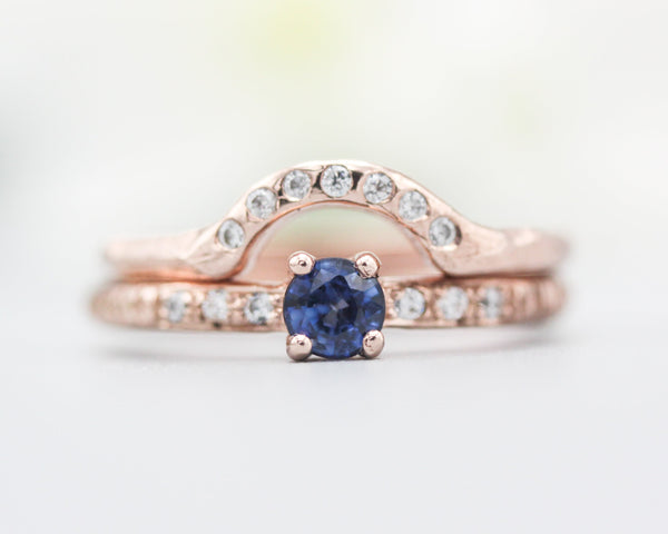 Set of 2 Round faceted blue sapphire ring with tiny diamonds on 14k Rose gold band set with 14k rose gold ring with 7 diamond on the center