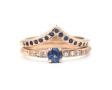 Set of 2 Round faceted blue sapphire ring with tiny diamonds on 14k Rose gold band set with 14k rose gold ring with 15 blue sapphire