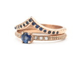 Set of 2 Round faceted blue sapphire ring with tiny diamonds on 14k Rose gold band set with 14k rose gold ring with 15 blue sapphire