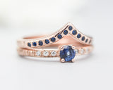 Set of 2 Round faceted blue sapphire ring with tiny diamonds on 14k Rose gold band set with 14k rose gold ring with 15 blue sapphire