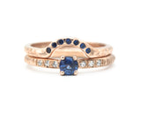 Set of 2 Round faceted blue sapphire ring with tiny diamonds on 14k Rose gold band set with 14k rose gold ring with 7 blue sapphire