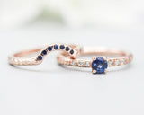 Set of 2 Round faceted blue sapphire ring with tiny diamonds on 14k Rose gold band set with 14k rose gold ring with 7 blue sapphire
