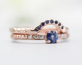Set of 2 Round faceted blue sapphire ring with tiny diamonds on 14k Rose gold band set with 14k rose gold ring with 7 blue sapphire