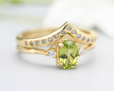 Set of 2 Oval Peridot ring and diamond side set in prongs setting with 14k gold band set with 14k gold band ring and tiny 15 diamond