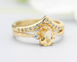 Set of 2 Oval Citrine ring and diamond side set in prongs setting with 14k gold band set with 14k gold band ring and tiny 15 diamond