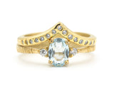 Set of 2 Oval Blue topaz ring and diamond side set in prongs setting with 14k gold band set with 14k gold band ring and tiny 15 diamond