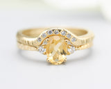 Set of 2 Oval faceted citrine ring with tiny round diamonds side set with 14k gold band ring with tiny 7 diamond on the center