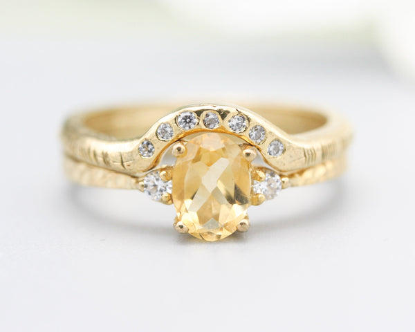 Set of 2 Oval faceted citrine ring with tiny round diamonds side set with 14k gold band ring with tiny 7 diamond on the center