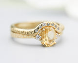 Set of 2 Oval faceted citrine ring with tiny round diamonds side set with 14k gold band ring with tiny 7 diamond on the center