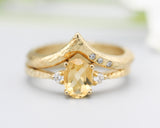 Set of 2 Oval faceted citrine ring with tiny round diamonds side set with 14k gold band set with 14k gold band ring with tiny 3 diamond