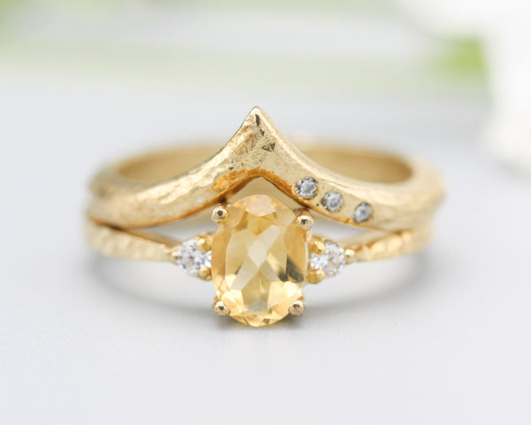 Set of 2 Oval faceted citrine ring with tiny round diamonds side set with 14k gold band set with 14k gold band ring with tiny 3 diamond