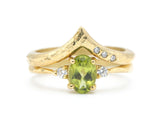 Set of 2 Oval faceted peridot ring with tiny round diamonds side set with 14k gold band set with 14k gold band ring with tiny 3 diamond