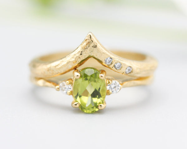 Set of 2 Oval faceted peridot ring with tiny round diamonds side set with 14k gold band set with 14k gold band ring with tiny 3 diamond