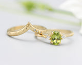Set of 2 Oval faceted peridot ring with tiny round diamonds side set with 14k gold band set with 14k gold band ring with tiny 3 diamond