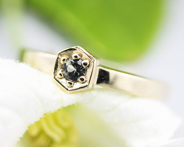 Round multi grey sapphire ring in pave setting with 14k gold high polished flat band