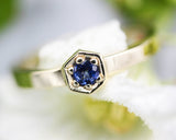 Blue sapphire ring in pave setting with 14k gold high polished flat band