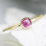 Square pink sapphire ring in bezel setting with 18k gold texture band