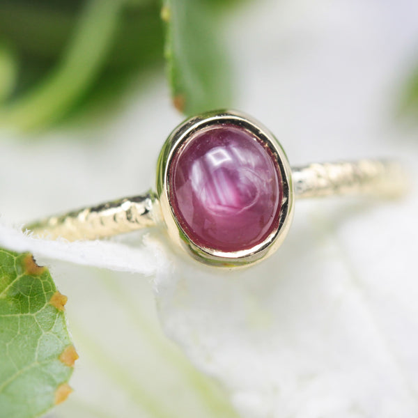 Natural star ruby ring in bezel settings with 18k gold texture band