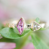 Pink sapphire ring and triangle diamond with 18k gold texture band