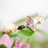 Pink sapphire ring and triangle diamond with 18k gold texture band