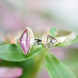 Pink sapphire ring and triangle diamond with 18k gold texture band
